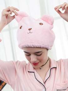 1 件粉色毛巾，卡通可爱纤维熊刺绣干发帽，适用于家庭浴室装饰