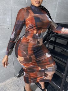 Slaydiva Plus Allover Print Mock Neck Ruched Mesh Bodycon Dress - Brown - View 4