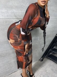 Slaydiva Plus Allover Print Mock Neck Ruched Mesh Bodycon Dress - Brown - View 5