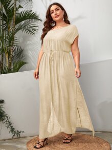 SHEIN Swim Curve 大碼前繫帶高衩連衣裙 - 杏色 - 查看 3