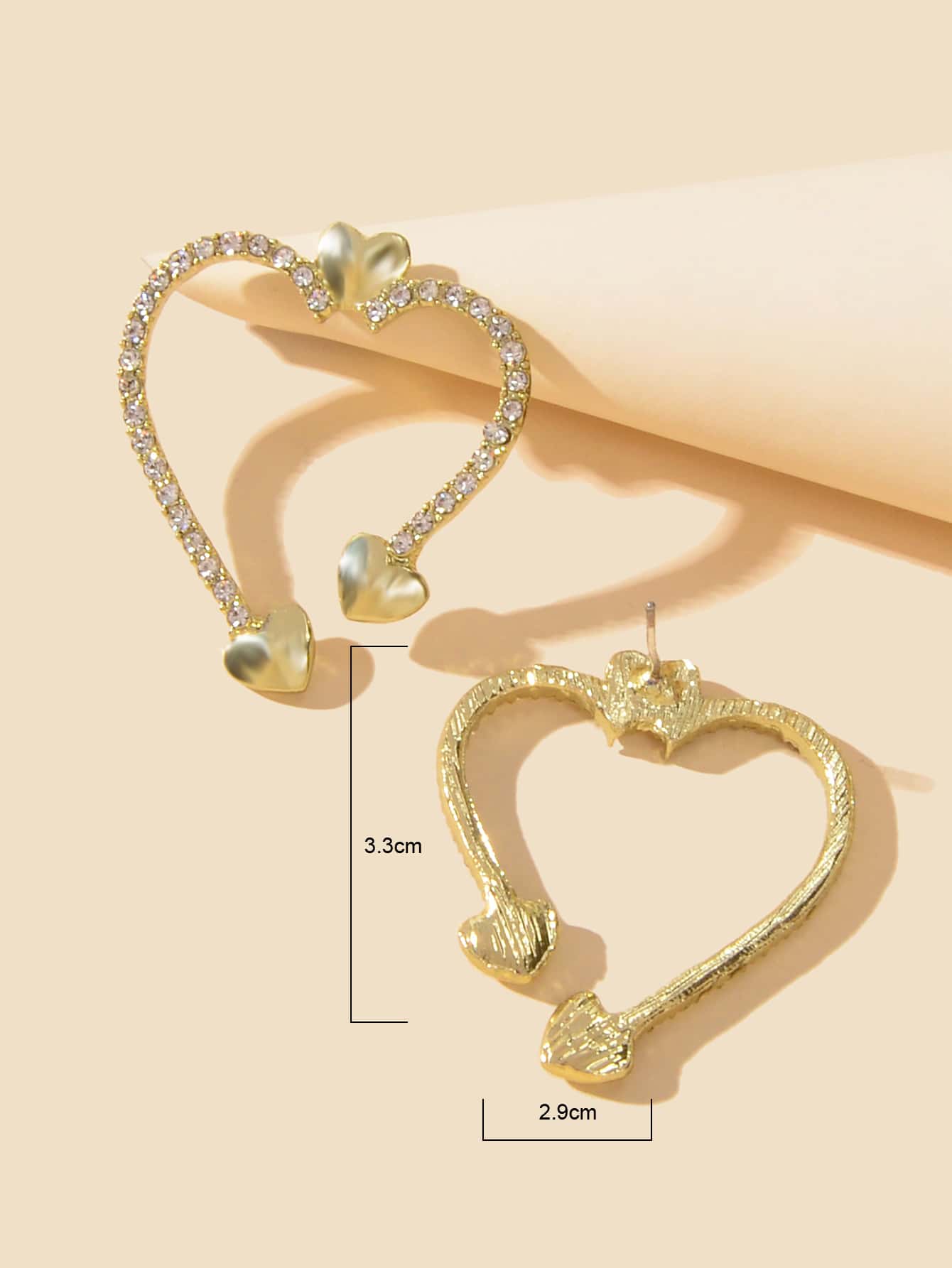 Rhinestone Decor Heart Stud Earrings - Gold - View 3