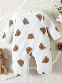 SHEIN Baby Boy Bear Print Button Front Footed Sleep Jumpsuit - White - View 2