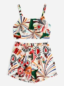 SHEIN VCAY Plus Allover Print Cami Top & Shorts - Multicolor - View 3