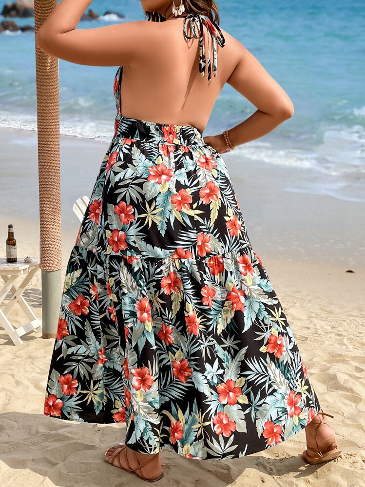 SHEIN LUNE Vestido halter con estampado tropical de espalda abierta con cordón - Multicolor - Ver 2