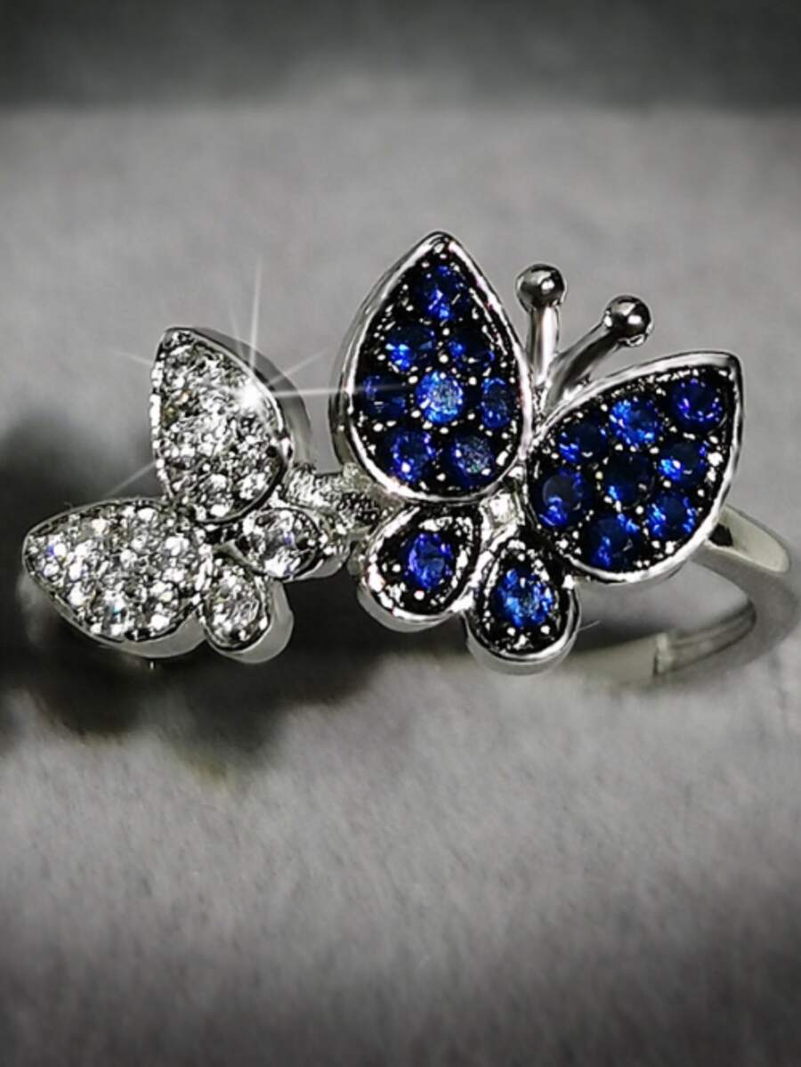 水鑽蝴蝶裝飾戒指 - 藍色 - 查看 1
