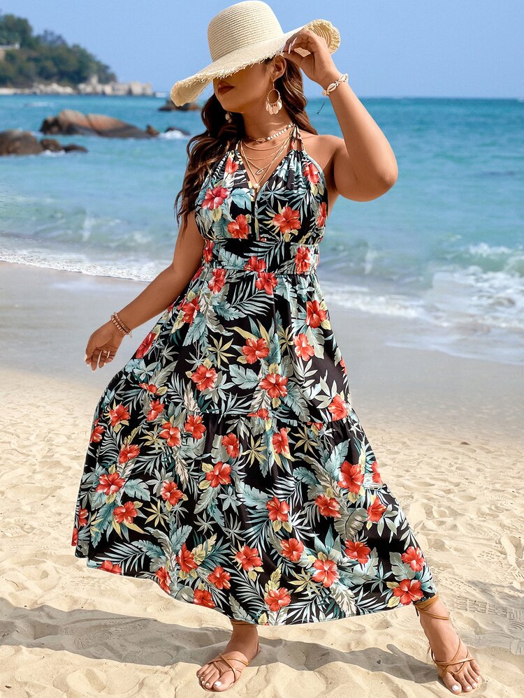 SHEIN LUNE Vestido halter con estampado tropical de espalda abierta con cordón - Multicolor - Ver 8