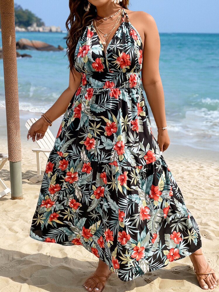 SHEIN LUNE Vestido halter con estampado tropical de espalda abierta con cordón - Multicolor - Ver 9