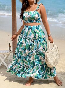 SHEIN Clasi Conjunto top crop y falda con volantes de estampado tropical bohemio de verano en tallas grandes - Multicolor - Ver 8