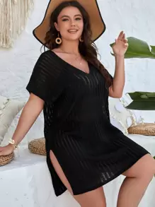 Swim Lushoire Summer Beach Plus Batwing Sleeve Split Thigh Knit Dress Without Bikini Set - Black - View 3
