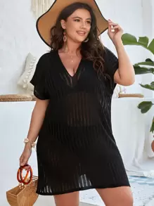Swim Lushoire Summer Beach Plus Batwing Sleeve Split Thigh Knit Dress Without Bikini Set - Black - View 5