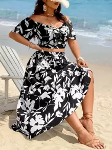 SHEIN Holidaya Plus Floral Print Off Shoulder Crop Top & Skirt - Black and White - View 1