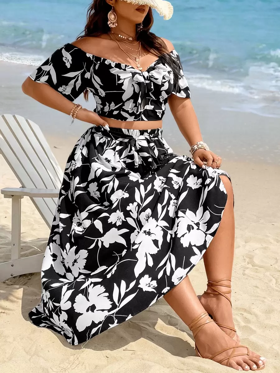 SHEIN Holidaya Plus Floral Print Off Shoulder Crop Top & Skirt - Black and White - View 1