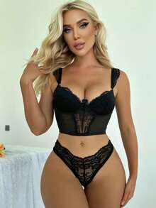 Floral Lace Underwire Lingerie Set - Black - View 4