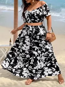 SHEIN Holidaya Plus Floral Print Off Shoulder Crop Top & Skirt - Black and White - View 3