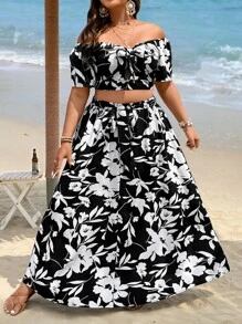 SHEIN Holidaya Plus Floral Print Off Shoulder Crop Top & Skirt - Black and White - View 4