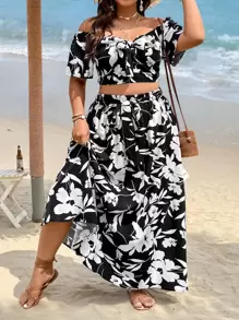 SHEIN Holidaya Plus Floral Print Off Shoulder Crop Top & Skirt - Black and White - View 6