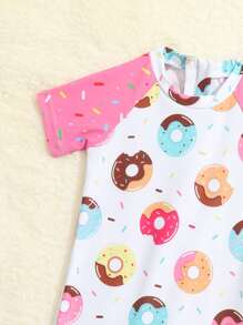 Baby Girl Donuts Print Zipper Front One Piece Swimsuit With Swim Cap - White - View 4