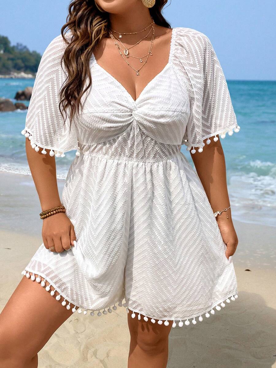 SHEIN Holidaya Plus Twist Front Pompom Trim Twist Front Raglan Sleeve Romper - White - View 1