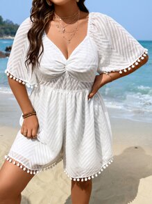 SHEIN Holidaya Plus Twist Front Pompom Trim Twist Front Raglan Sleeve Romper - White - View 5