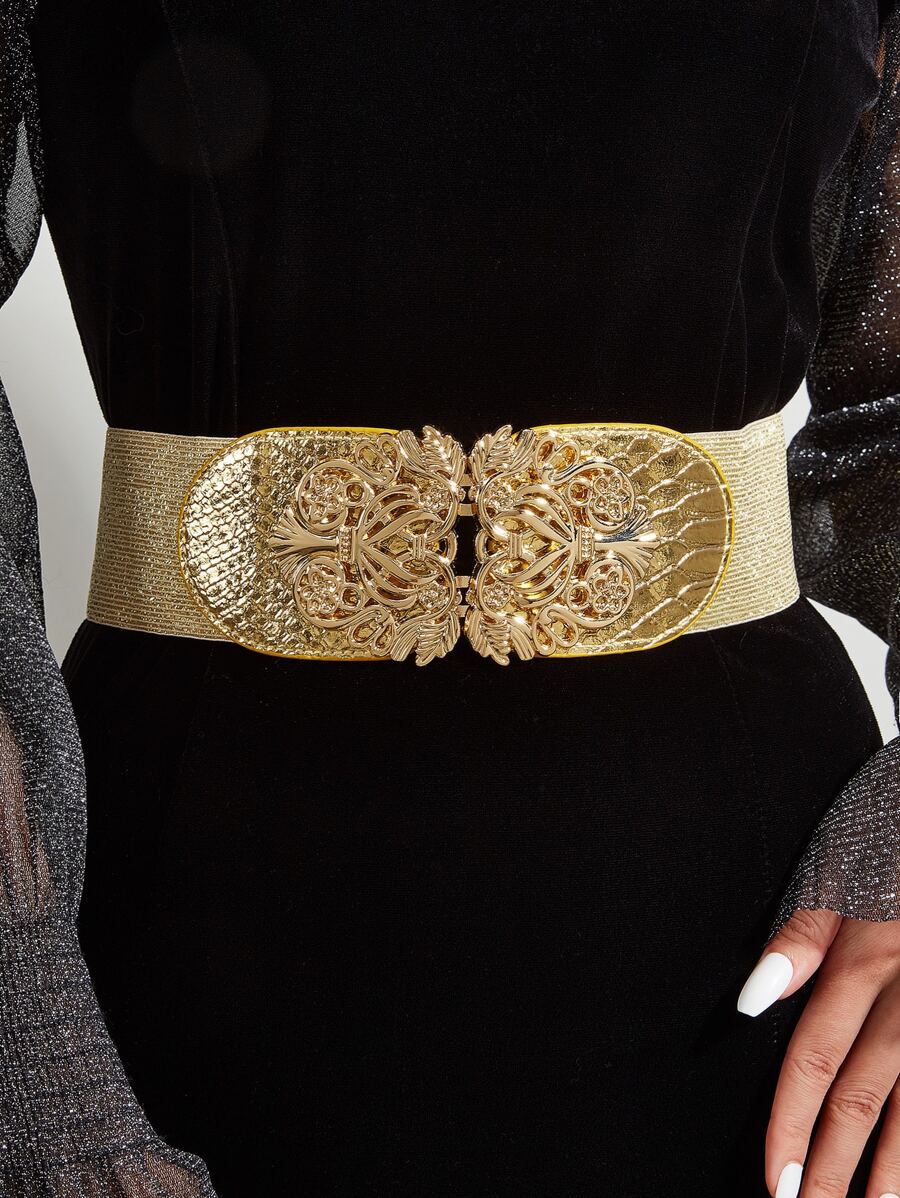 1入組女士金屬質感花朵裝飾魅力四射搭扣腰帶日常裝飾 - 金色 - 查看 1