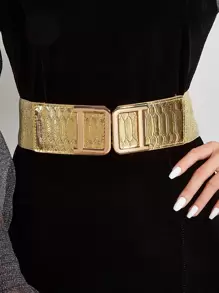 1入組女士金屬質感鱷魚壓紋魅力四射搭扣腰帶日常裝飾 - 金色 - 查看 1