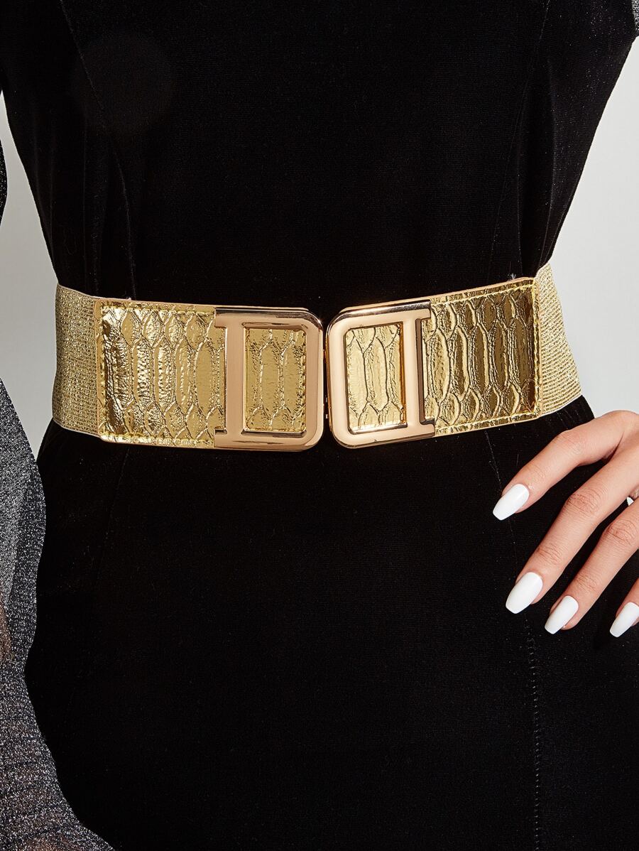 1入組女士金屬質感鱷魚壓紋魅力四射搭扣腰帶日常裝飾 - 金色 - 查看 1