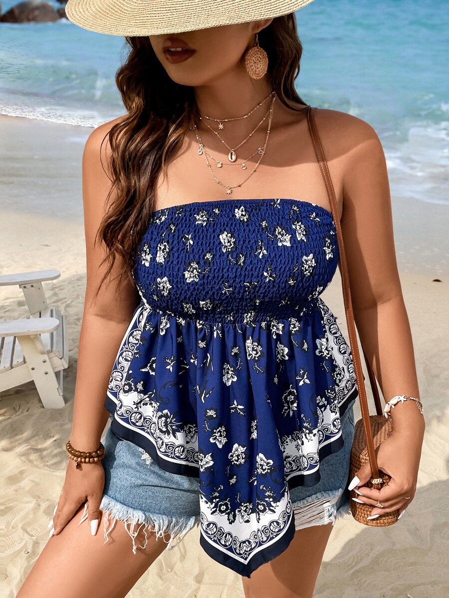 SHEIN Holidaya Plus Floral Print Hanky Hem Tube Top - Blue - View 1