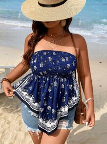 SHEIN Holidaya Plus Floral Print Hanky Hem Tube Top - Blue - View 3