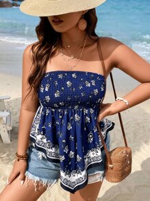 SHEIN Holidaya Plus Floral Print Hanky Hem Tube Top - Blue - View 5