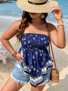 SHEIN Holidaya Plus Floral Print Hanky Hem Tube Top - Blue - View 8