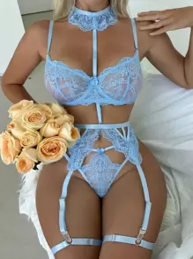 Floral Lace Underwire Garter Lingerie Set With Choker - Baby Blue - View 5