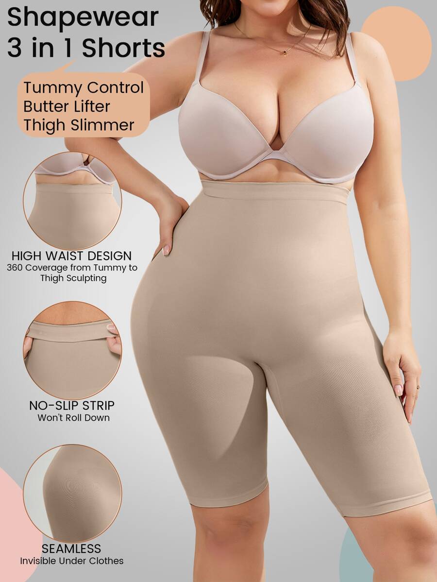 Suprenx Women's Plus Size  High Waisted Body Shaper Shorts Thigh Slimmer Mid-Thigh Tummy Control Butt Lift Shapwear Shorts - Apricot - View 1