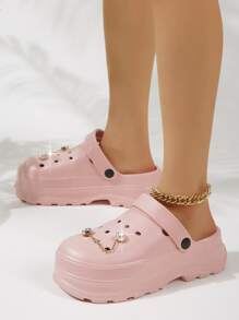 Women Multi-way Wear Chain & Rhinestone Decor Vented Clogs, Fashion Outdoor Pink Vented Clogs - Pink - View 1