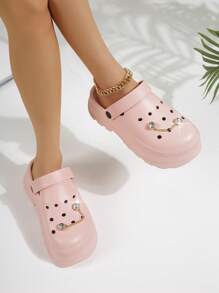 Women Multi-way Wear Chain & Rhinestone Decor Vented Clogs, Fashion Outdoor Pink Vented Clogs - Pink - View 3