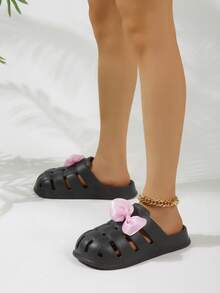 Women Bow Decor Vented Clogs, Fashionable Outdoor Vented Clogs - Black - View 2
