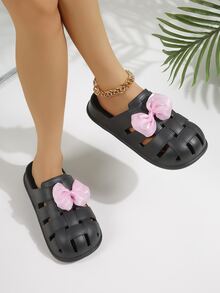 Women Bow Decor Vented Clogs, Fashionable Outdoor Vented Clogs - Black - View 4