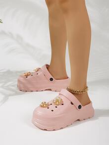 Women Multi-way Wear Floral & Rhinestone Decor Vented Clogs, Fashionable Outdoor Vented Clogs - Pink - View 3