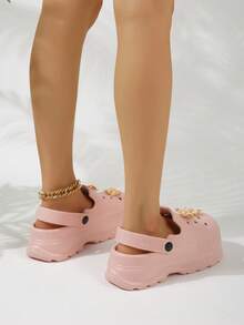 Women Multi-way Wear Floral & Rhinestone Decor Vented Clogs, Fashionable Outdoor Vented Clogs - Pink - View 4