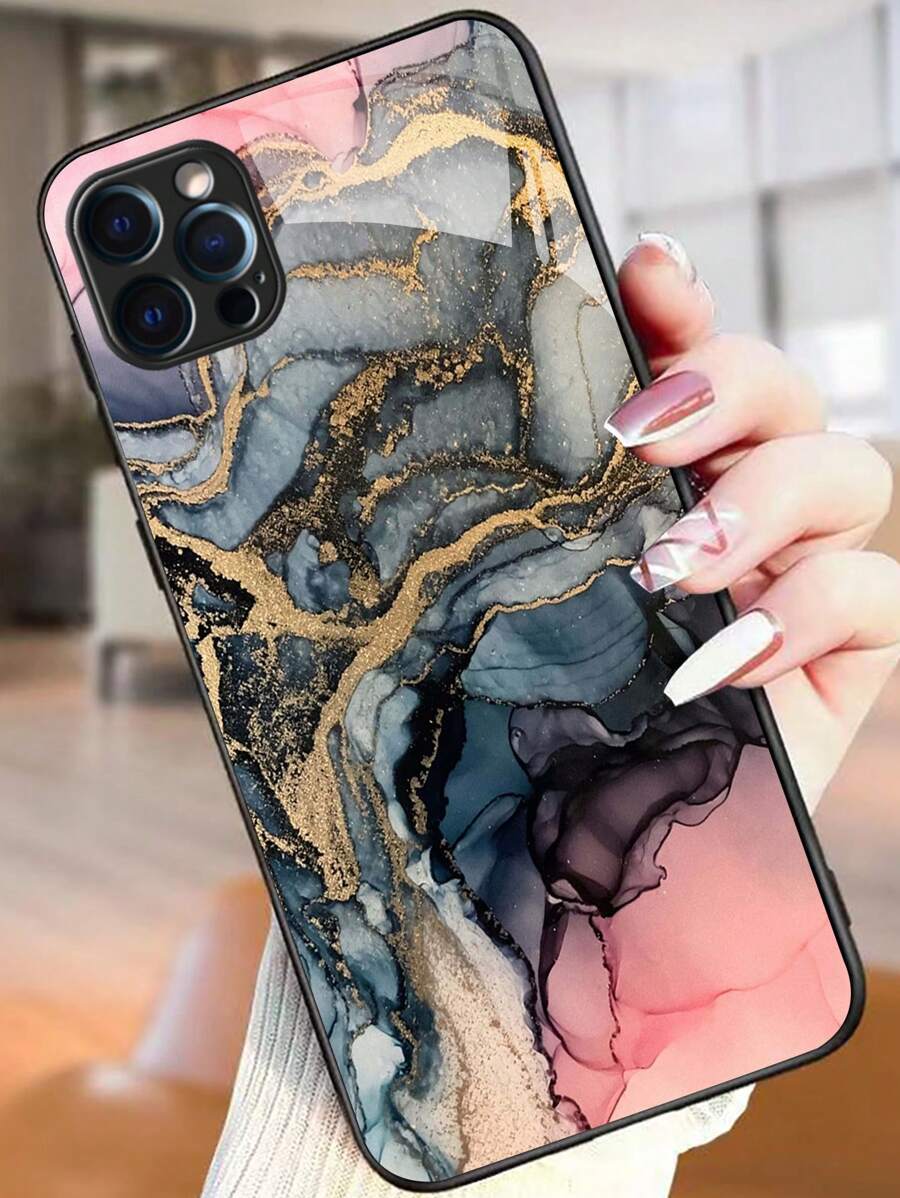 Marble Print Glass Phone Case - Multicolor - View 1