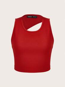 SHEIN BAE Solid Cut Out Crop Tank Top - Red - View 2