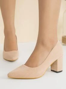 優雅淺口高跟鞋適用於女士仿麂皮粗跟淺口皮鞋