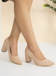 優雅淺口高跟鞋適用於女士仿麂皮粗跟淺口皮鞋