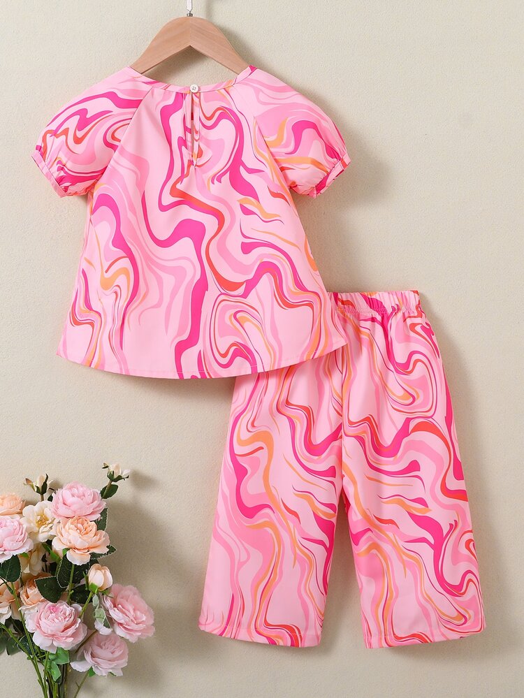 SHEIN Young Girl Allover Print Raglan Sleeve Peplum Top & Pants Matching Set - Pink - View 2