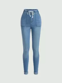 SHEIN Teen Girl Drawstring Waist Jeans - Light Wash - View 1