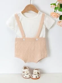 嬰兒1入組紐扣細節背帶針織連體衣 - 杏色 - 查看 1