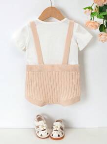 嬰兒1入組紐扣細節背帶針織連體衣 - 杏色 - 查看 2