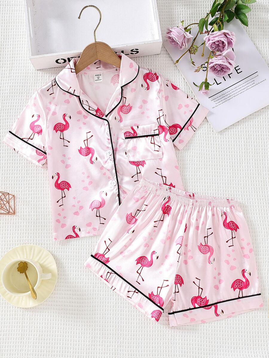 Tween Girl Flamingo Print Contrast Piping PJ Set - Pink - View 1