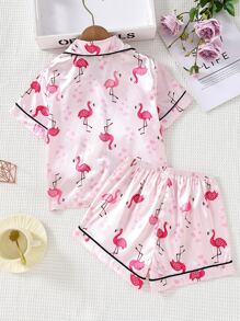 Tween Girl Flamingo Print Contrast Piping PJ Set - Pink - View 2