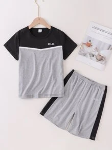 Đồ ngủ bé trai Sọc bên Khối Màu Lá thư Giải trí - Màu Xám nhạt - Xem 1