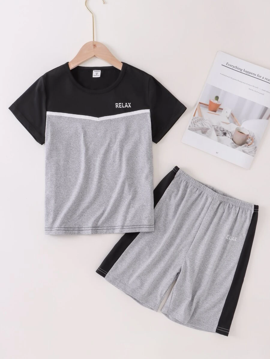 Đồ ngủ bé trai Sọc bên Khối Màu Lá thư Giải trí - Màu Xám nhạt - Xem 1